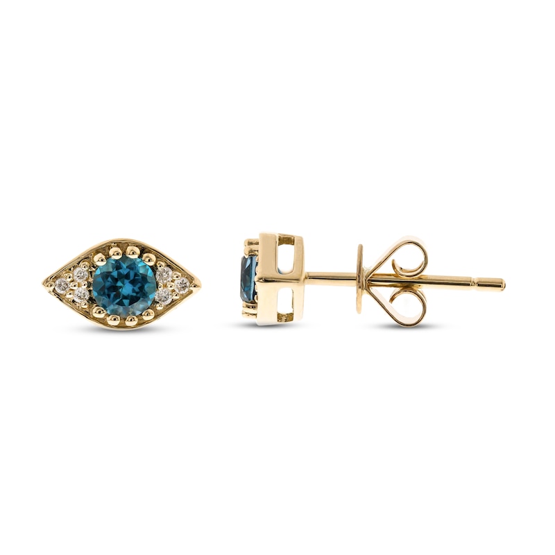 Main Image 1 of Blue Topaz & Diamond Evil Eye Stud Earrings 1/20 ct tw Round-Cut 10K Yellow Gold
