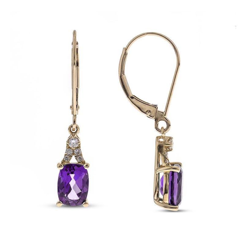 Main Image 1 of Amethyst & Diamond Drop Earrings 1/10 ct tw Cushion/Round-Cut 10K Yellow Gold