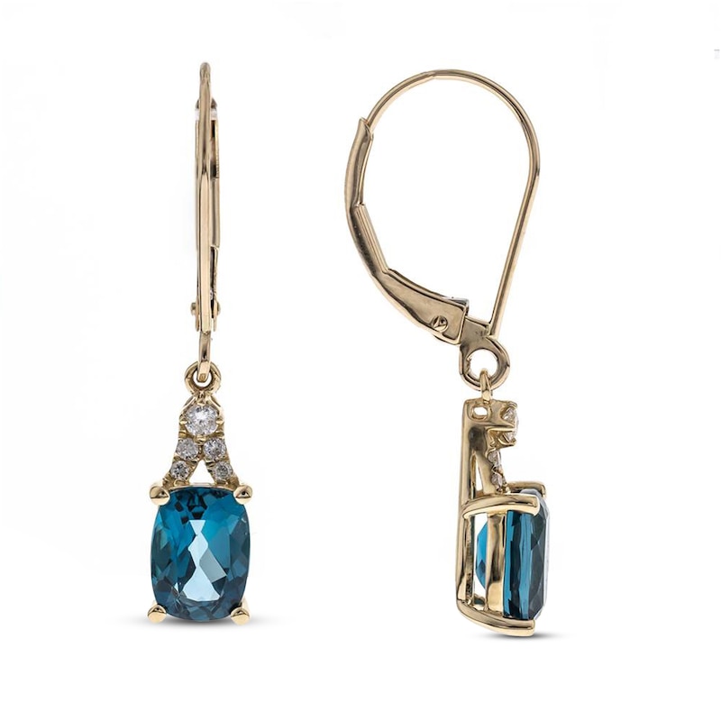 Main Image 1 of London Blue Topaz & Diamond Drop Earrings 1/10 ct tw Cushion/Round-Cut 10K Yellow Gold