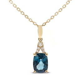 London Blue Topaz & Diamond Necklace 1/20 ct tw Cushion/Round-Cut 10K Yellow Gold 18"