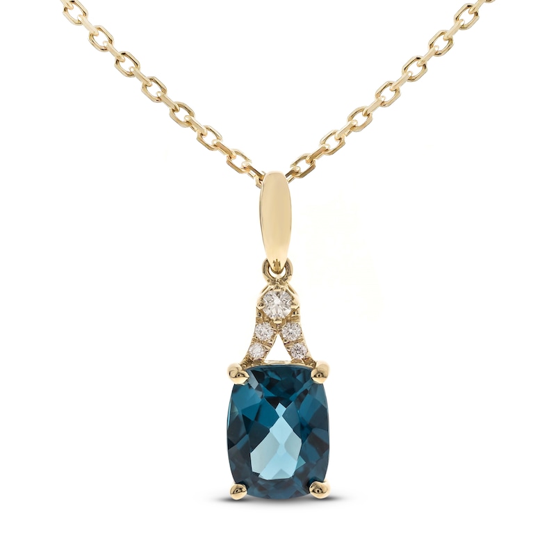 Main Image 1 of London Blue Topaz & Diamond Necklace 1/20 ct tw Cushion/Round-Cut 10K Yellow Gold 18&quot;