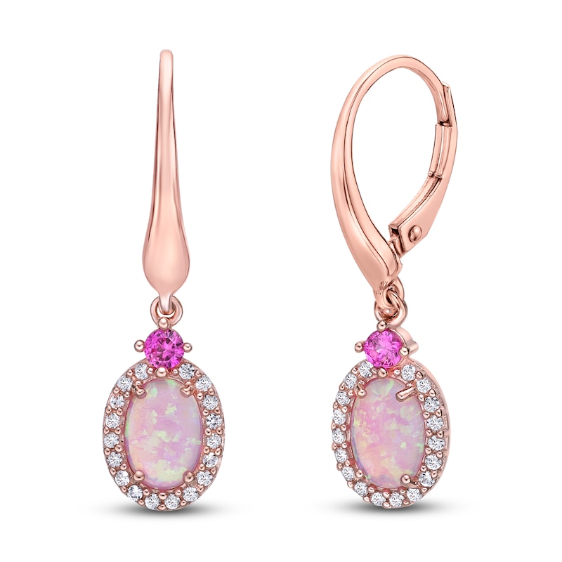 Main Image 1 of Pink Lab-Created Opal, Pink & White Lab-Created Sapphire Earrings 10K Rose Gold