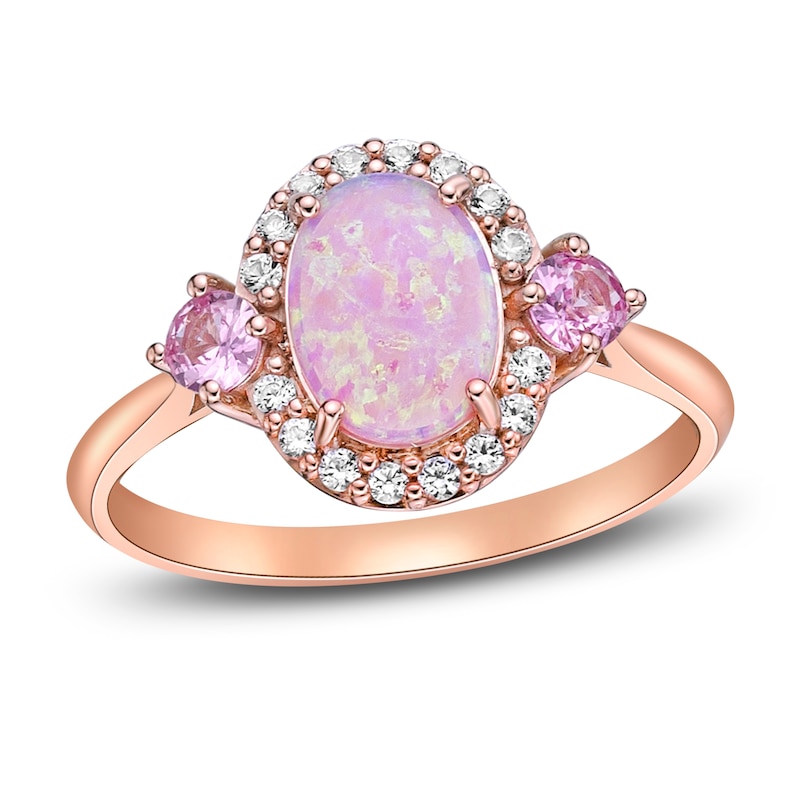 Main Image 1 of Pink Lab-Created Opal, Pink & White Lab-Created Sapphire Ring 10K Rose Gold