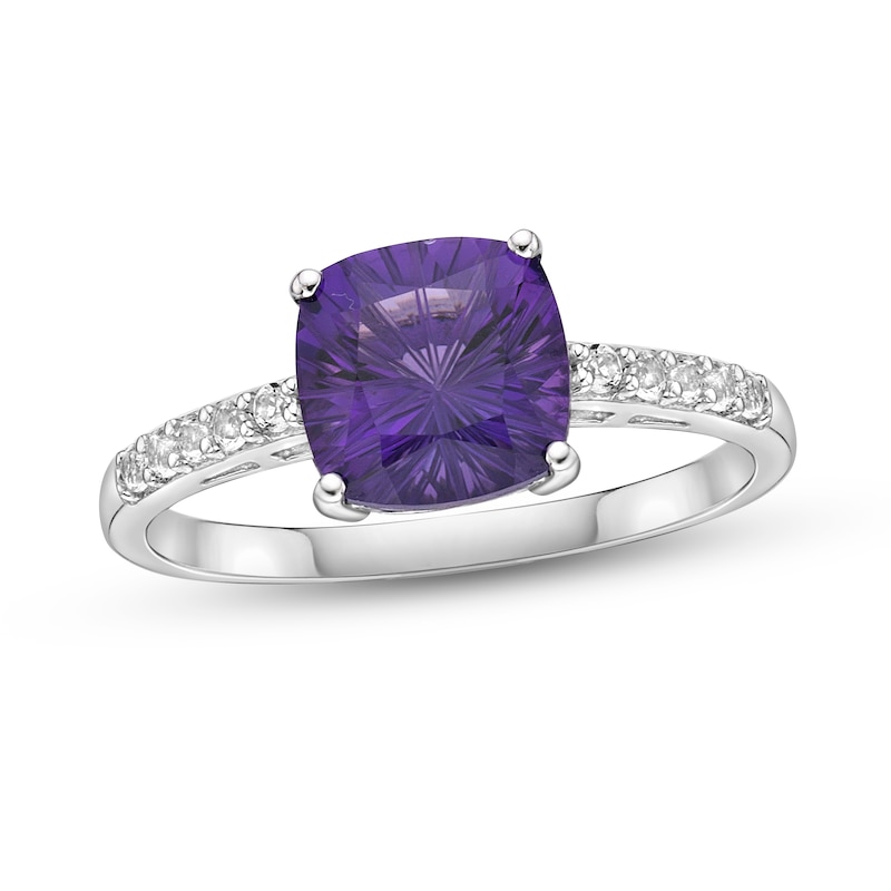 Luminous Cut Amethyst & White Topaz Solitaire Ring Sterling Silver