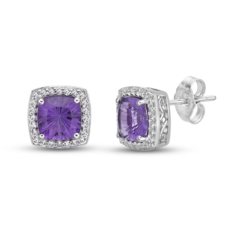 Main Image 1 of Luminous Cut Amethyst & White Topaz Halo Stud Earrings Sterling Silver