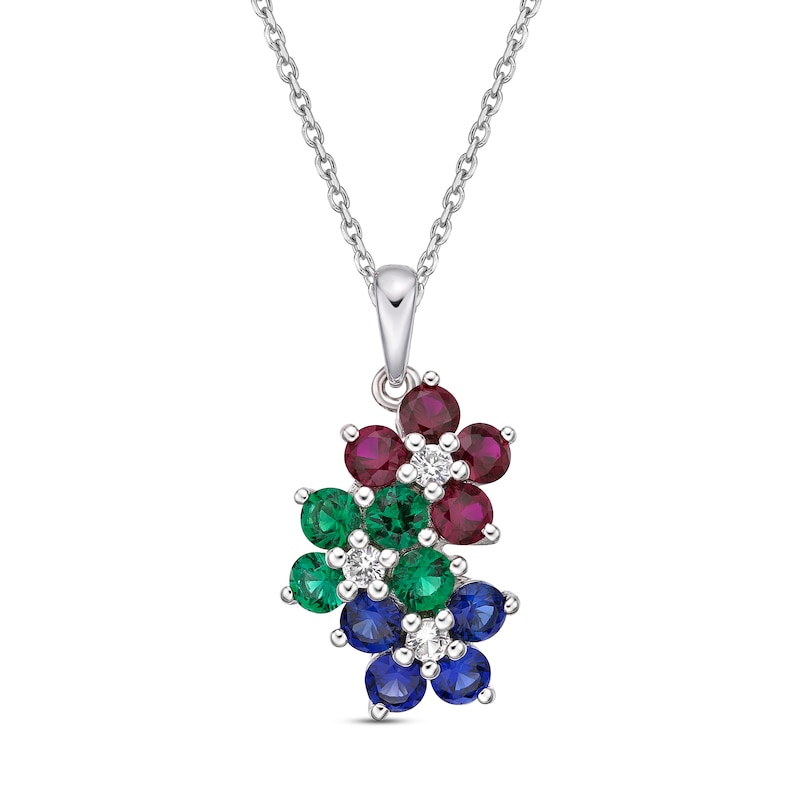 Main Image 1 of Lab-Created Ruby, Lab-Created Emerald, Blue & White Lab-Created Sapphire Necklace Sterling Silver 18&quot;