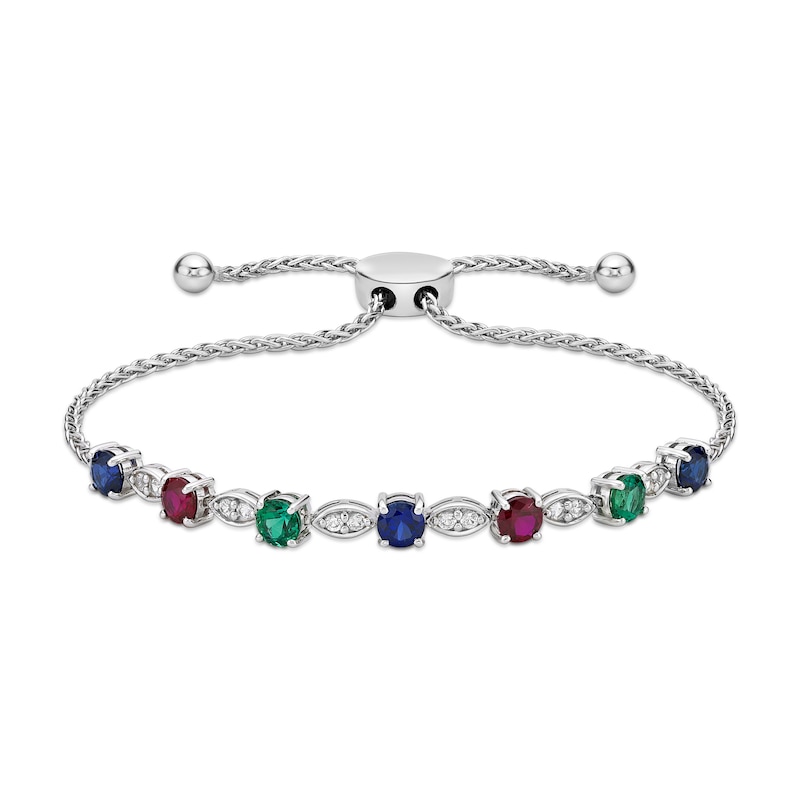 Main Image 1 of Lab-Created Ruby, Lab-Created Emerald, Blue & White Lab-Created Sapphire Bolo Bracelet Sterling Silver 9.5&quot;