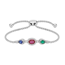 Lab-Created Ruby, Lab-Created Emerald, Blue & White Lab-Created Sapphire Bolo Bracelet Sterling Silver 8.5&quot;