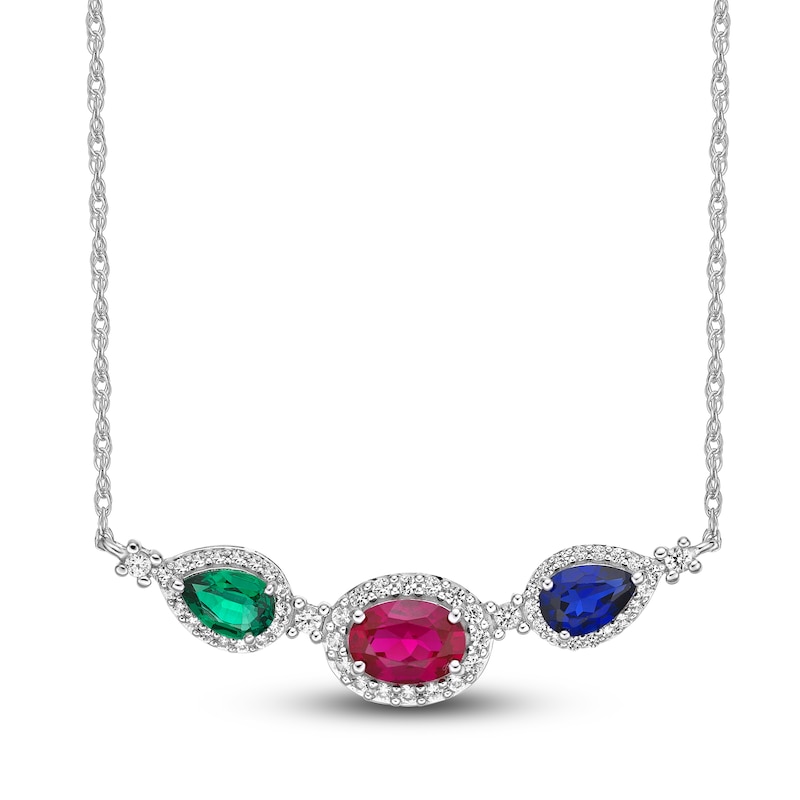 Lab-Created Ruby, Lab-Created Emerald, Blue & White Lab-Created Sapphire Necklace Sterling Silver 18"