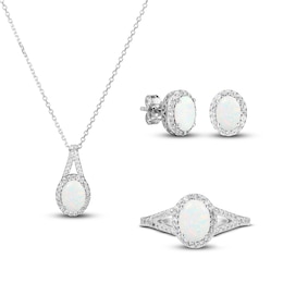 Lab-Created Opal & White Lab-Created Sapphire Boxed Set Sterling Silver - Size 7