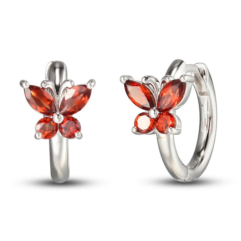 Main Image 1 of Garnet Butterfly Hoop Earrings Sterling Silver