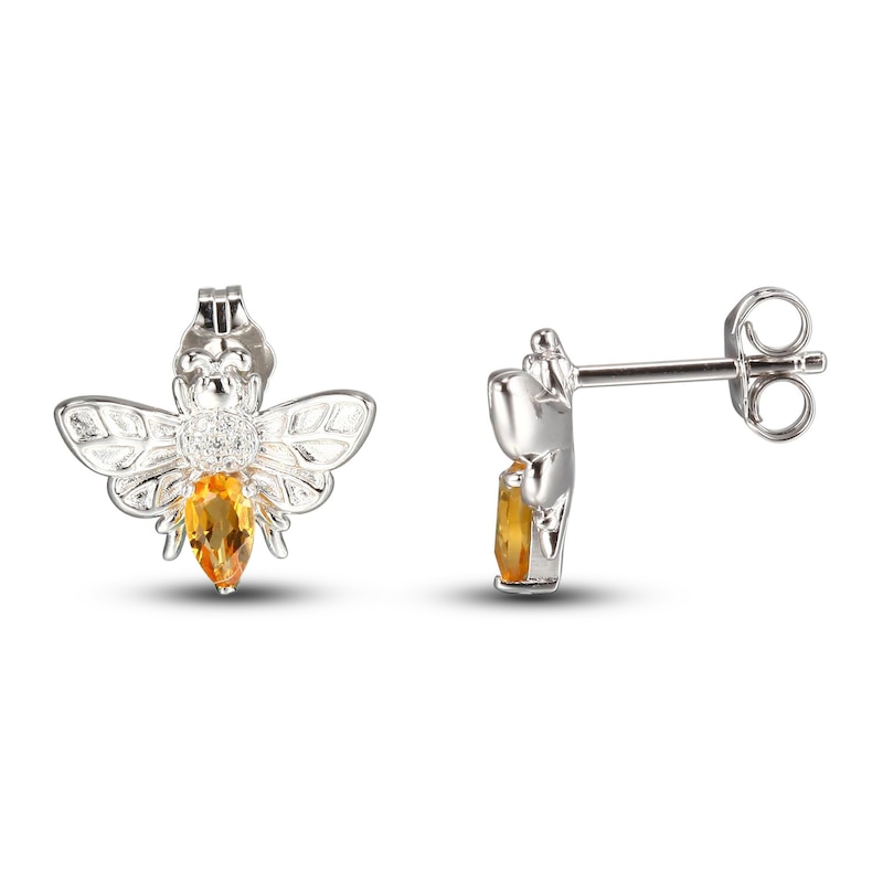 Citrine & White Lab-Created Sapphire Bee Earrings Sterling Silver