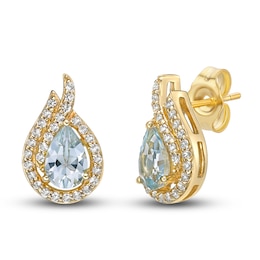 Aquamarine & White Topaz Earrings 10K Yellow Gold