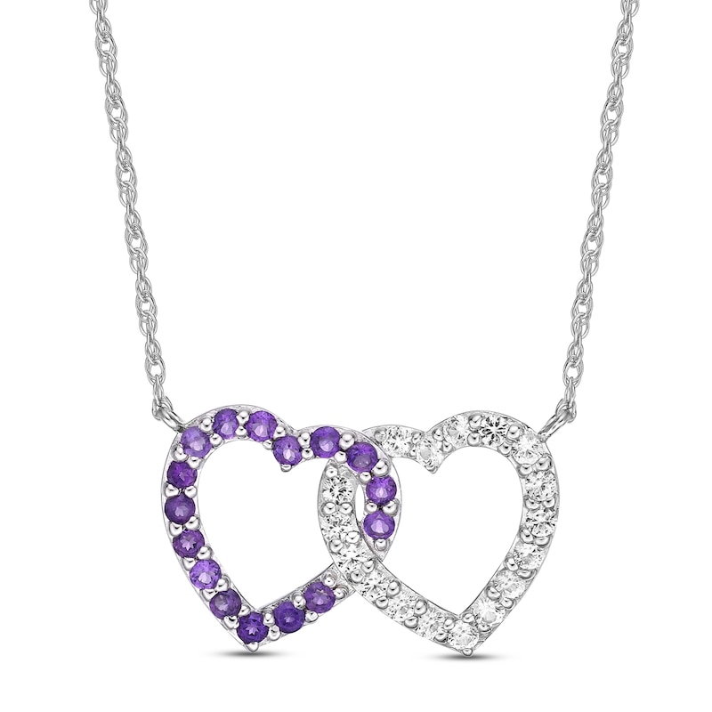 Amethyst & White Lab-Created Sapphire Double Heart Necklace Sterling Silver 18"