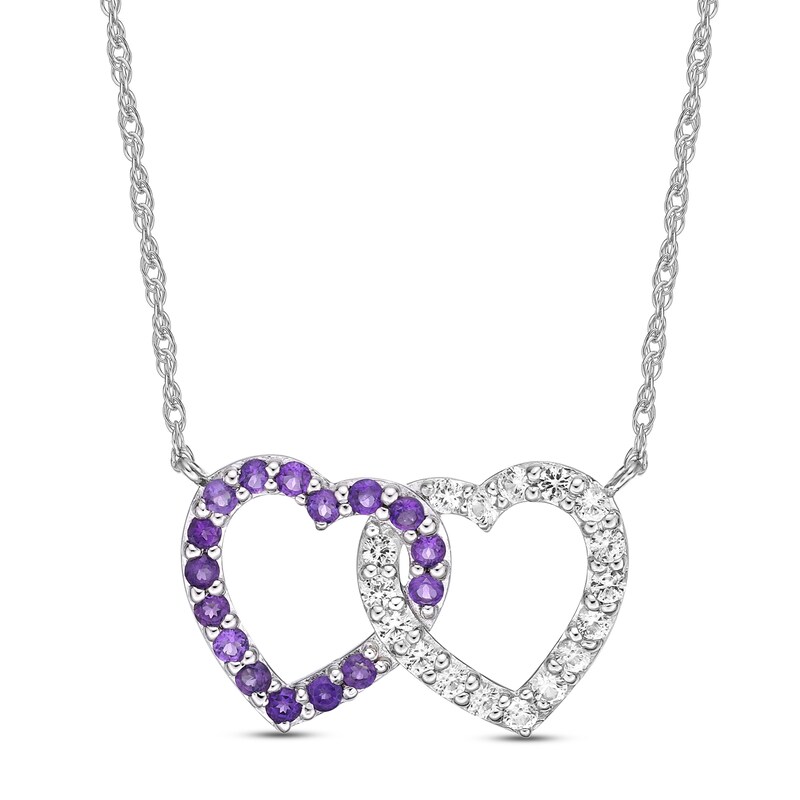 Main Image 1 of Amethyst & White Lab-Created Sapphire Double Heart Necklace Sterling Silver 18&quot;