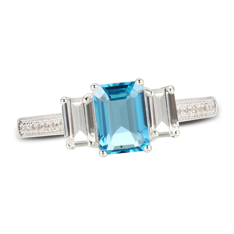 Main Image 1 of Swiss Blue Topaz & White Lab-Created Sapphire Three-Stone Ring Sterling Silver
