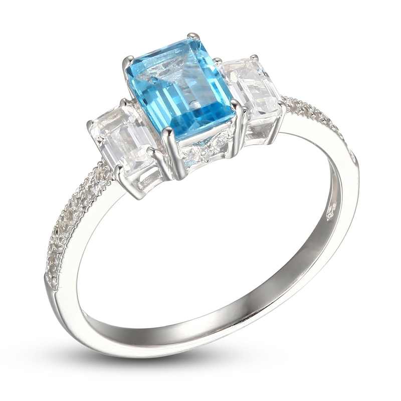 Main Image 2 of Swiss Blue Topaz & White Lab-Created Sapphire Three-Stone Ring Sterling Silver