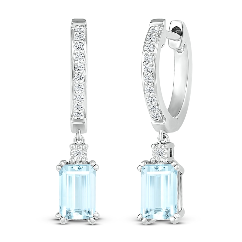 Main Image 1 of Aquamarine & White Lab-Created Sapphire Dangle Hoop Earrings Sterling Silver
