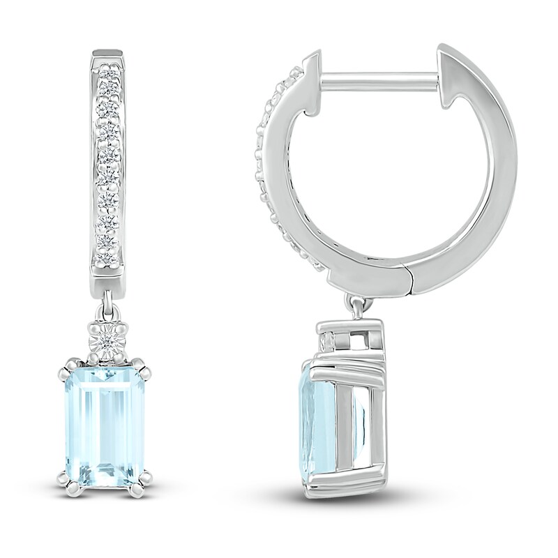 Main Image 3 of Aquamarine & White Lab-Created Sapphire Dangle Hoop Earrings Sterling Silver