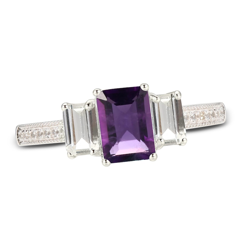 Main Image 1 of Amethyst & White Lab-Created Sapphire Three-Stone Ring Sterling Silver