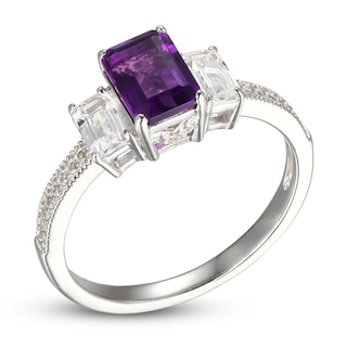 Amethyst & White Lab-Created Sapphire Three-Stone Ring Sterling Silver ...