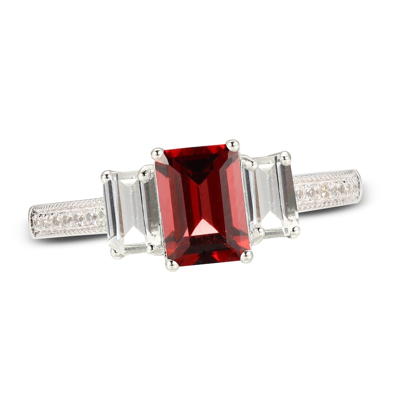 Main Image 1 of Garnet & White Lab-Created Sapphire Three-Stone Ring Sterling Silver
