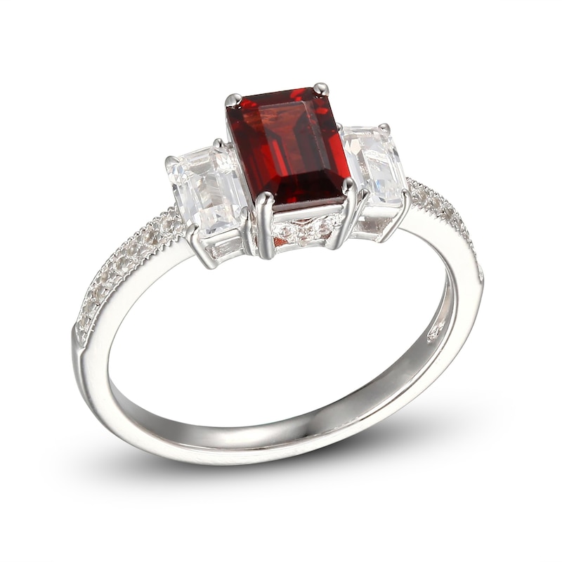 Main Image 2 of Garnet & White Lab-Created Sapphire Three-Stone Ring Sterling Silver