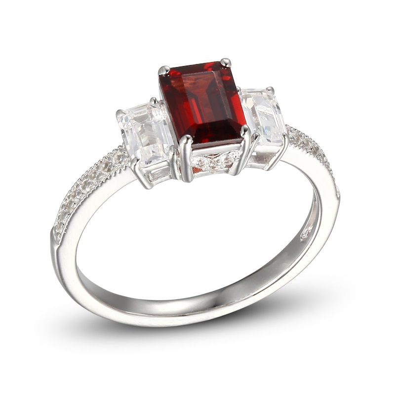 Garnet & White Lab-Created Sapphire Three-Stone Ring Sterling Silver