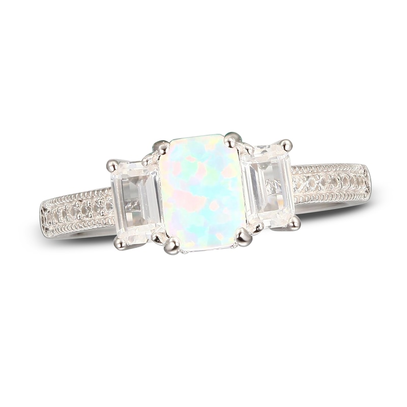 Main Image 1 of Lab-Created Opal & White Lab-Created Sapphire Three-Stone Ring Sterling Silver