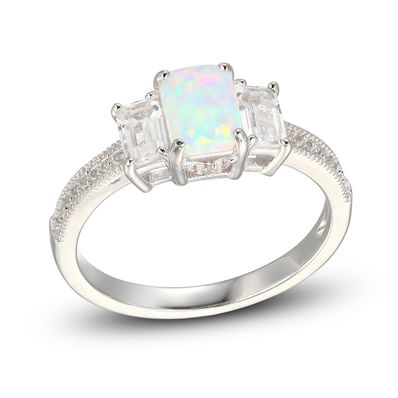 Main Image 2 of Lab-Created Opal & White Lab-Created Sapphire Three-Stone Ring Sterling Silver