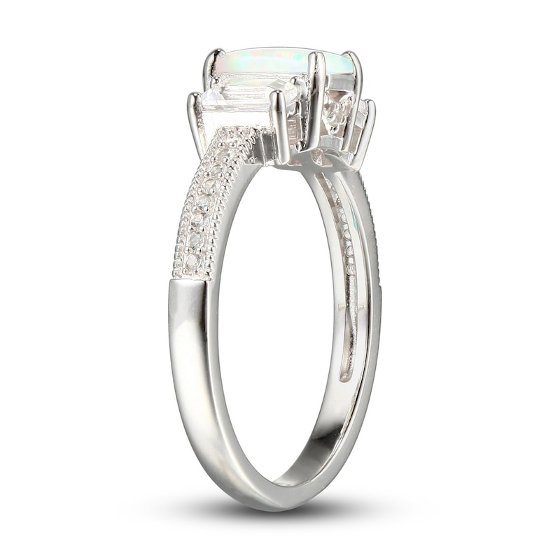 Main Image 3 of Lab-Created Opal & White Lab-Created Sapphire Three-Stone Ring Sterling Silver