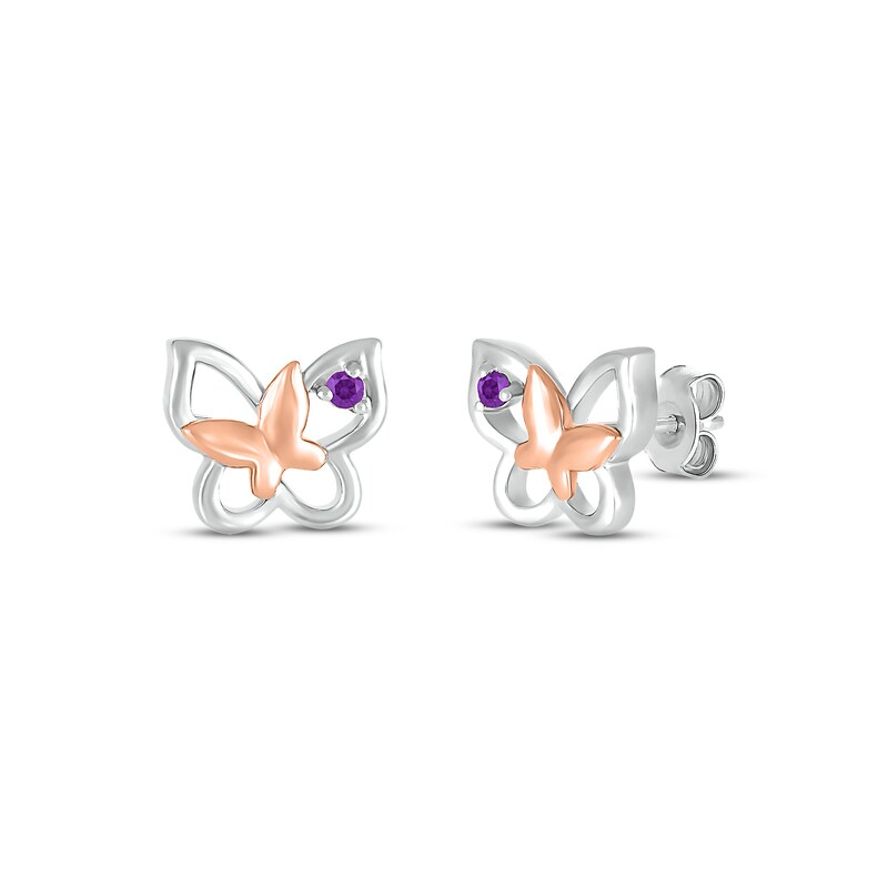 Main Image 1 of Amethyst Butterfly Earrings Sterling Silver & 10K Rose Gold