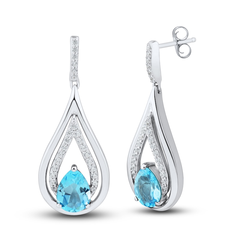 Main Image 1 of Swiss Blue Topaz & White Lab-Created Sapphire Drop Earrings Sterling Silver