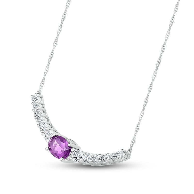 Amethyst & White Lab-Created Sapphire Curved Bar Necklace Sterling Silver 18"