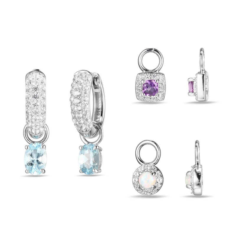 Main Image 1 of Amethyst, Aquamarine, Lab-Created Opal & White Lab-Created Sapphire Huggie Earrings Set Sterling Silver