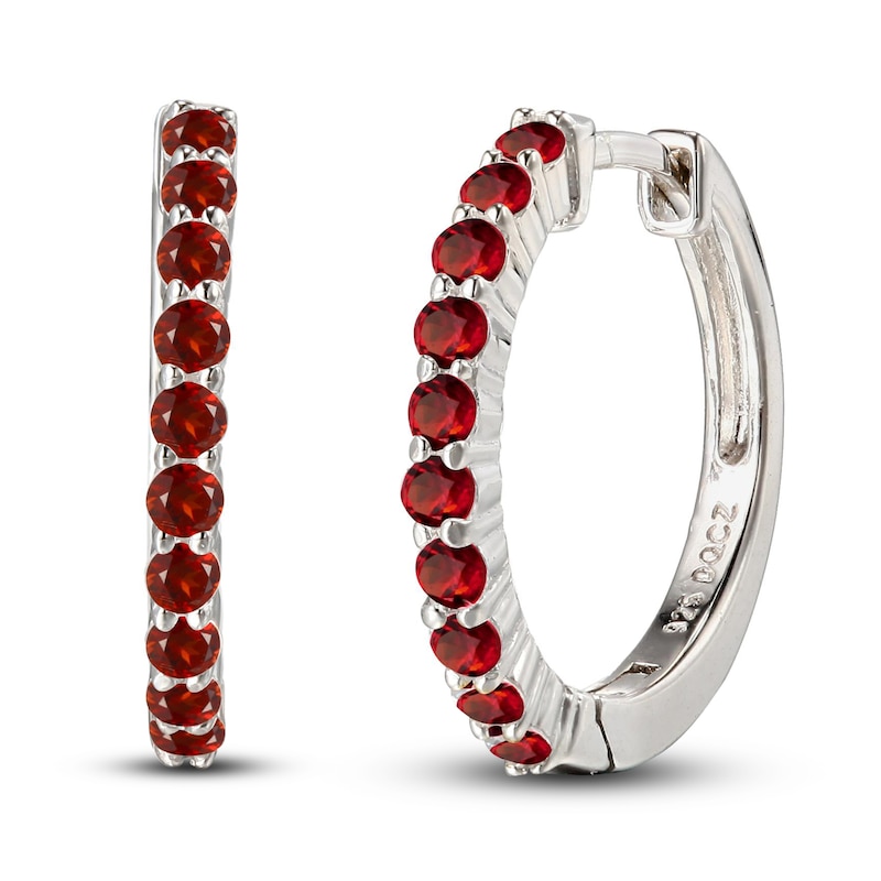 Main Image 1 of Garnet Dainty Hoop Earrings Sterling Silver