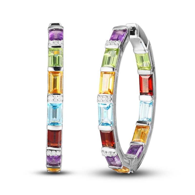 Main Image 1 of Multi-Stone & 1/15 ct tw Diamond Hoop Earrings Sterling Silver