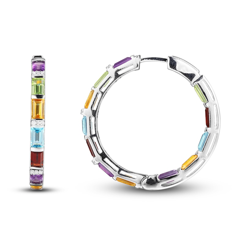 Main Image 2 of Multi-Stone & 1/15 ct tw Diamond Hoop Earrings Sterling Silver