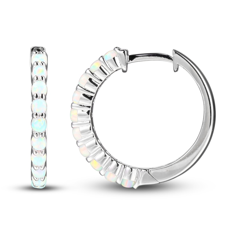 Main Image 2 of Lab-Created Opal Dainty Hoop Earrings Sterling Silver