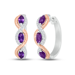 Amethyst & White Lab-Created Sapphire Rope Hoop Earrings Sterling Silver & 10K Rose Gold