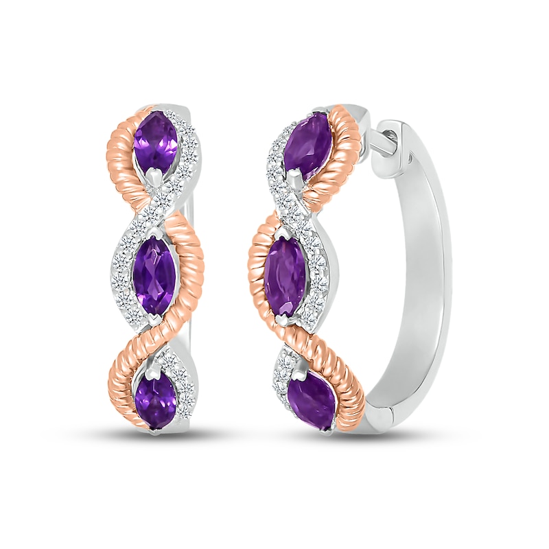 Main Image 1 of Amethyst & White Lab-Created Sapphire Rope Hoop Earrings Sterling Silver & 10K Rose Gold