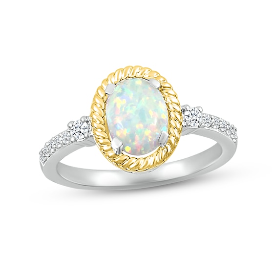 Lab-Created Opal & White Lab-Created Sapphire Rope Ring Sterling Silver & 10K Yellow Gold