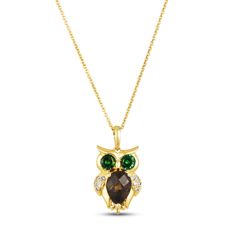 Main Image 1 of Le Vian Smoky Quartz & Tsavorite Owl Necklace 1/15 ct tw Diamonds 14K Honey Gold 18&quot;