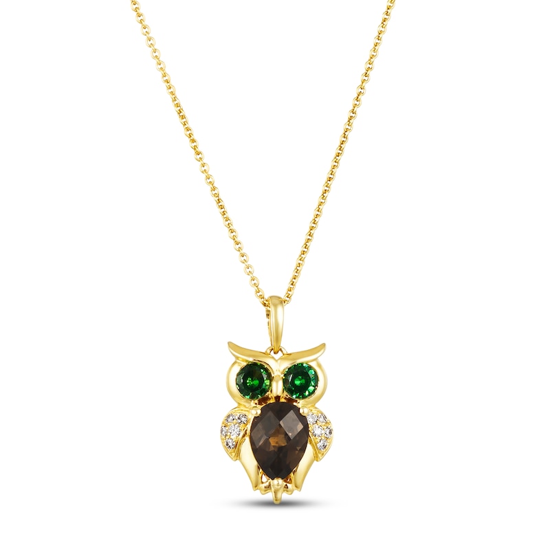 Le Vian Smoky Quartz & Tsavorite Owl Necklace 1/15 ct tw Diamonds 14K Honey Gold 18"