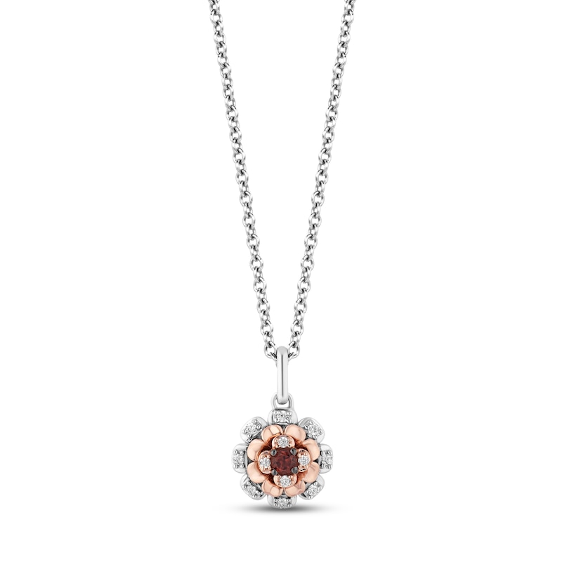 Disney Treasures Coco Garnet & Diamond Flower Necklace 1/10 ct tw Sterling Silver & 10K Rose Gold 17"