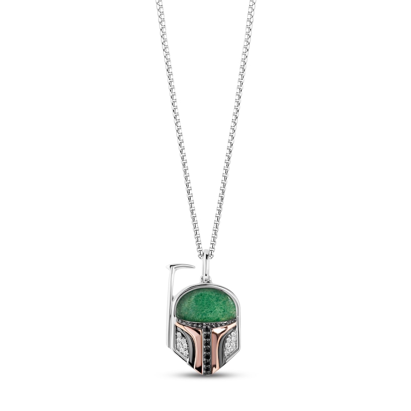 Star Wars Boba Fett Helmet Aventurine & Diamond Necklace 1/10 ct tw Sterling Silver & 10K Rose Gold 18"