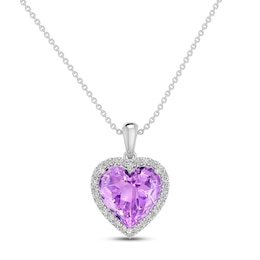 Amethyst & White Lab-Created Sapphire Heart Necklace Sterling Silver 18&quot;