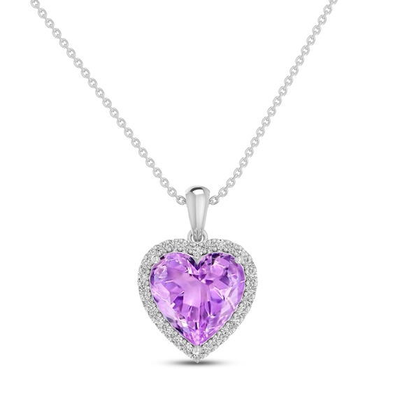 Amethyst & White Lab-Created Sapphire Heart Necklace Sterling Silver 18"