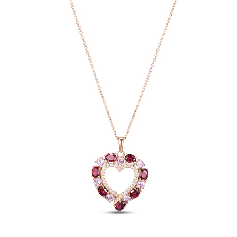 Garnet, Light Amethyst & White Topaz Heart Necklace 10K Rose Gold 18"