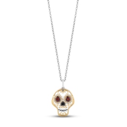 Disney Treasures Coco Diamond & Garnet Sugar Skull Necklace 1/10 ct tw 10K Yellow Gold & Sterling Silver 17&quot;